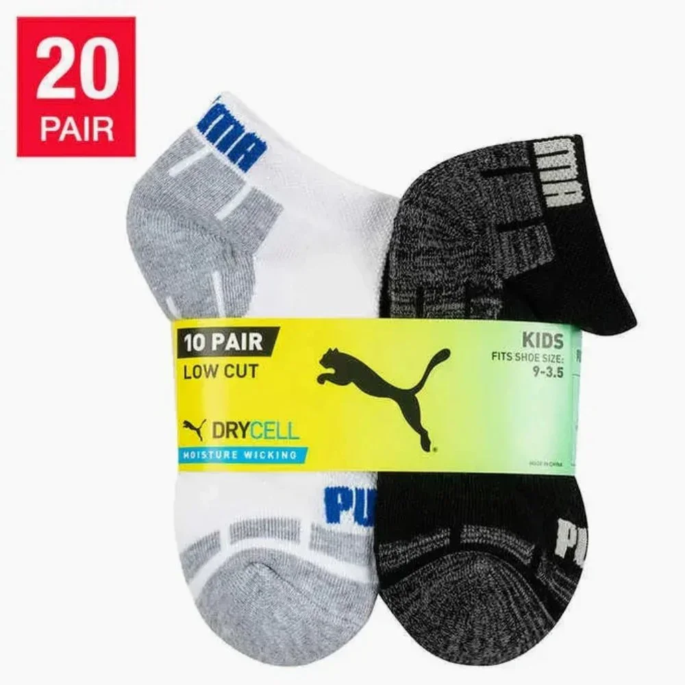 New! PUMA Youth kids boys girls Low Cut Sock 20-pair Black White Gray Large NWT!